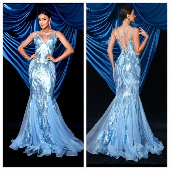 Blue, Graphic,  V Neck, Sleeveless,  Case Up Back, Sequined Mermaid Gown - Picture 3 of 16